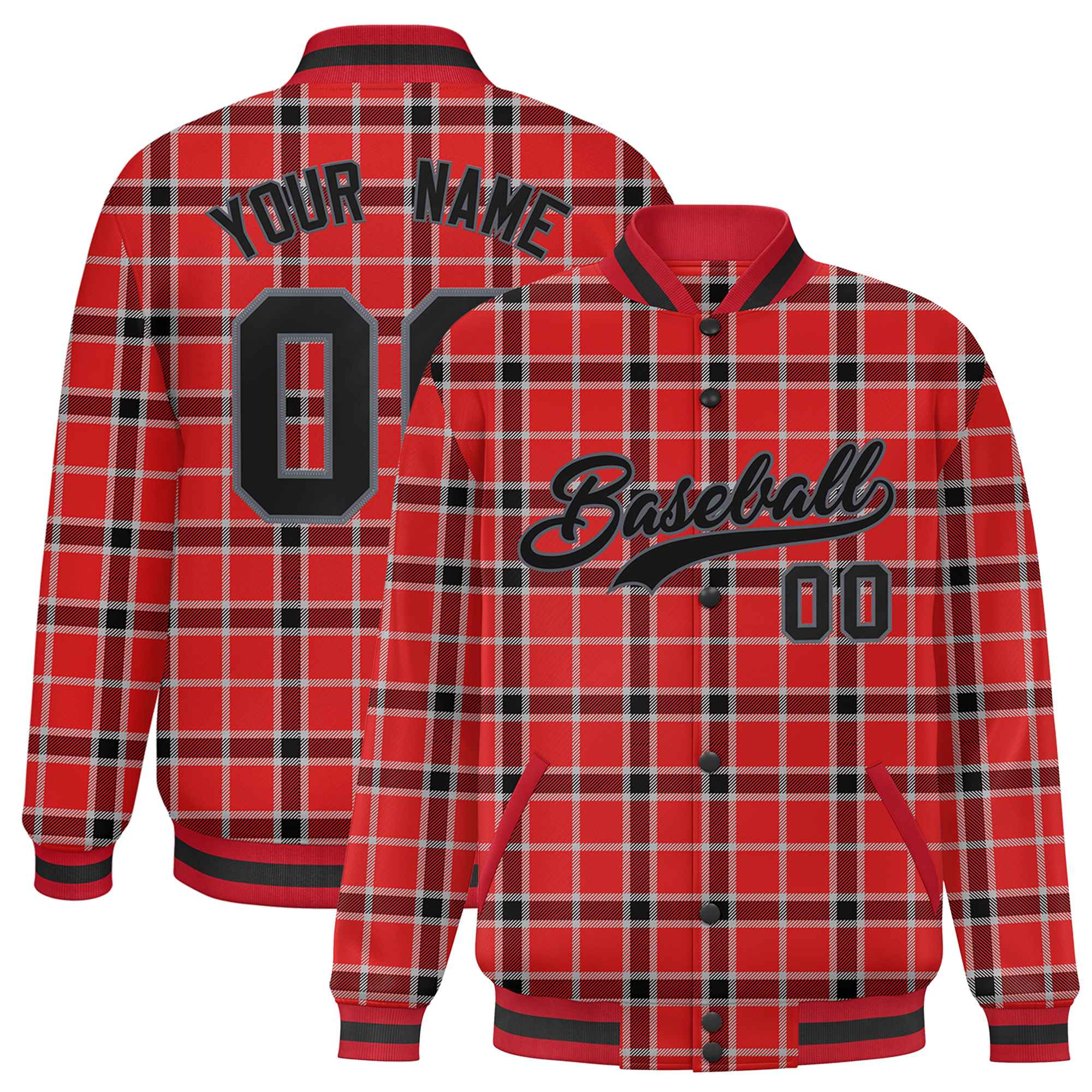 Custom Red Varsity Full-Snap Plaid Pattern Letterman Baseball Jacket