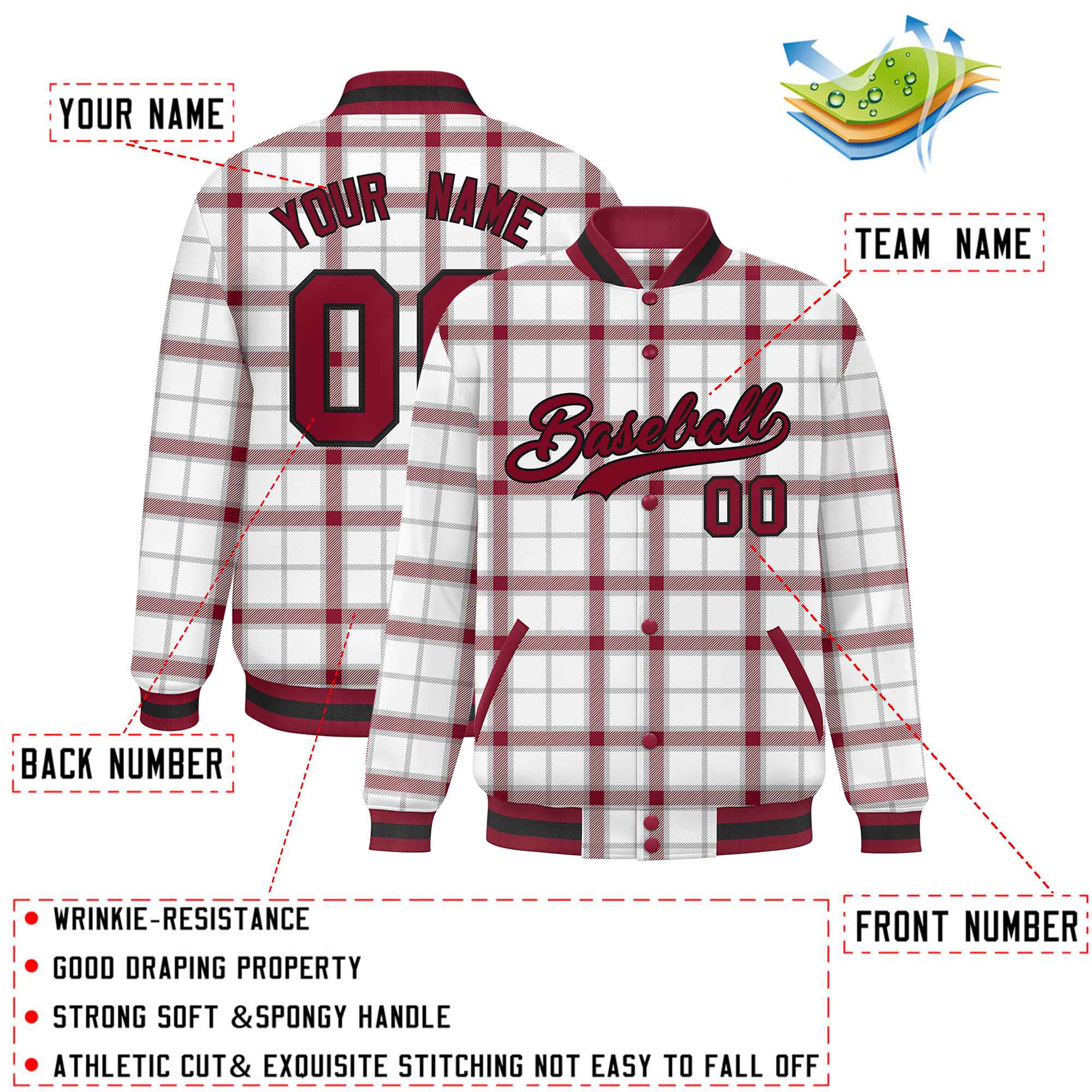 Custom White Varsity Full-Snap Plaid Pattern Letterman Baseball Jacket