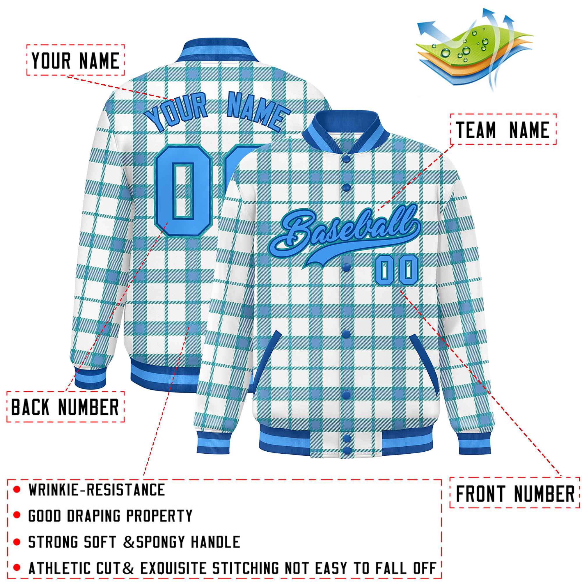 Custom White Aqua Varsity Full-Snap Plaid Pattern Letterman Baseball Jacket