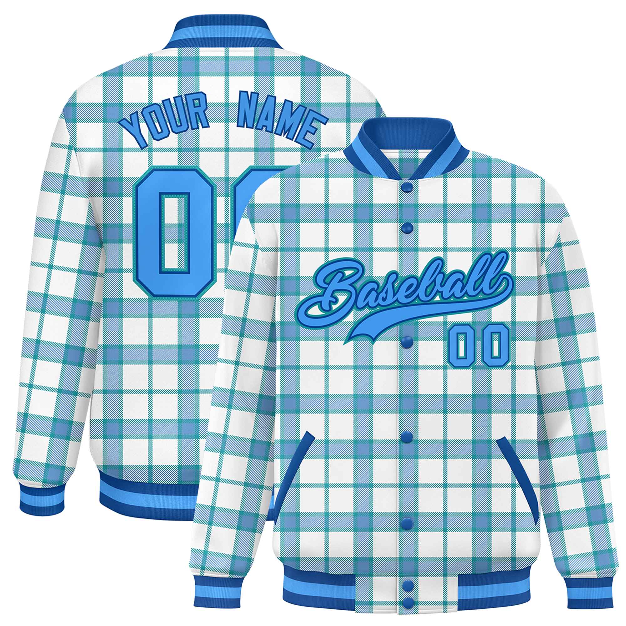 Custom White Aqua Varsity Full-Snap Plaid Pattern Letterman Baseball Jacket