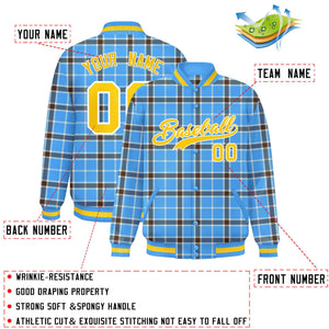 Custom Powder Blue Varsity Full-Snap Plaid Pattern Letterman Baseball Jacket