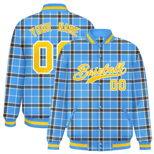 Custom Powder Blue Varsity Full-Snap Plaid Pattern Letterman Baseball Jacket