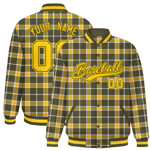 Custom Yellow Olive Varsity Full-Snap Plaid Pattern Letterman Baseball Jacket