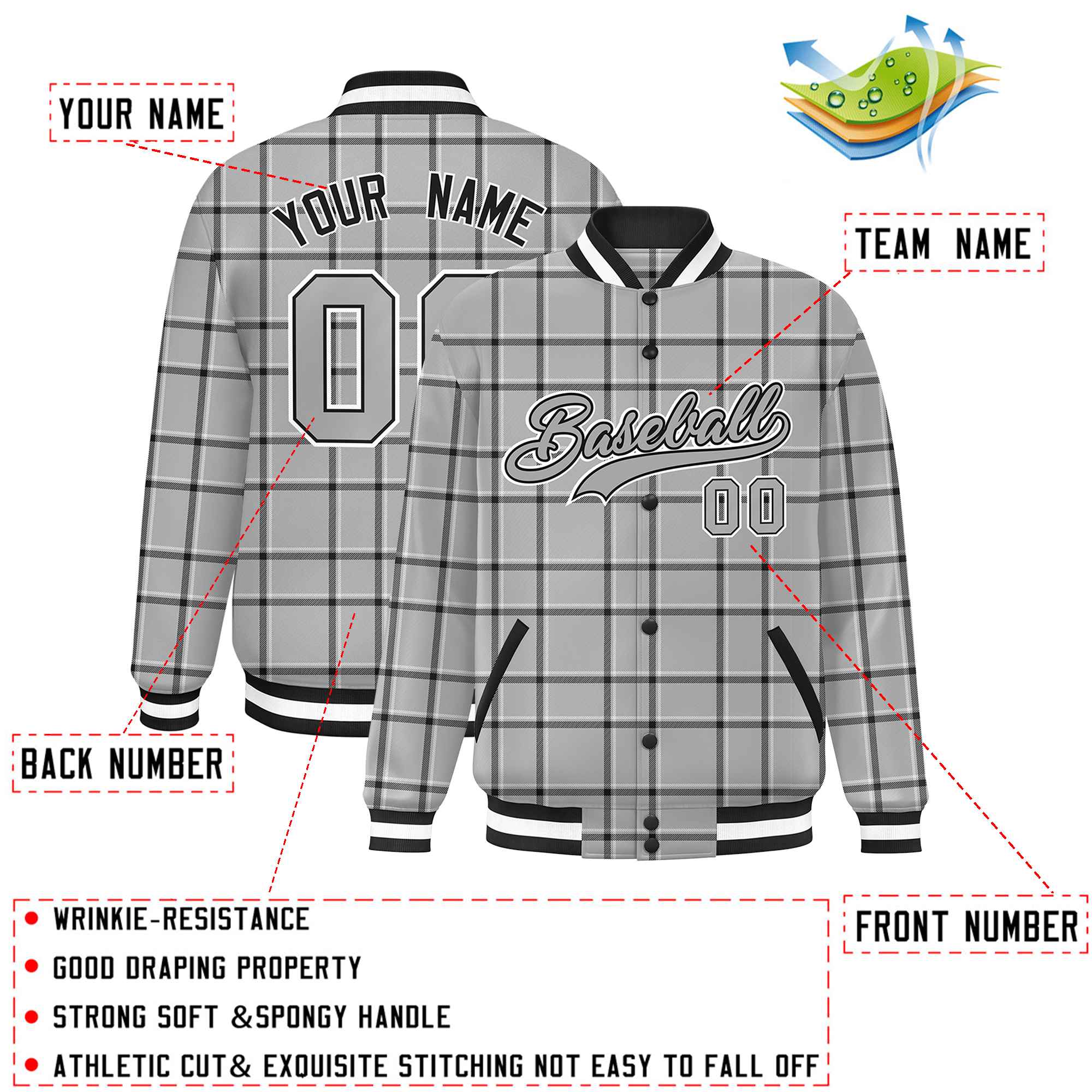 Custom Gray Black Varsity Full-Snap Plaid Pattern Letterman Baseball Jacket