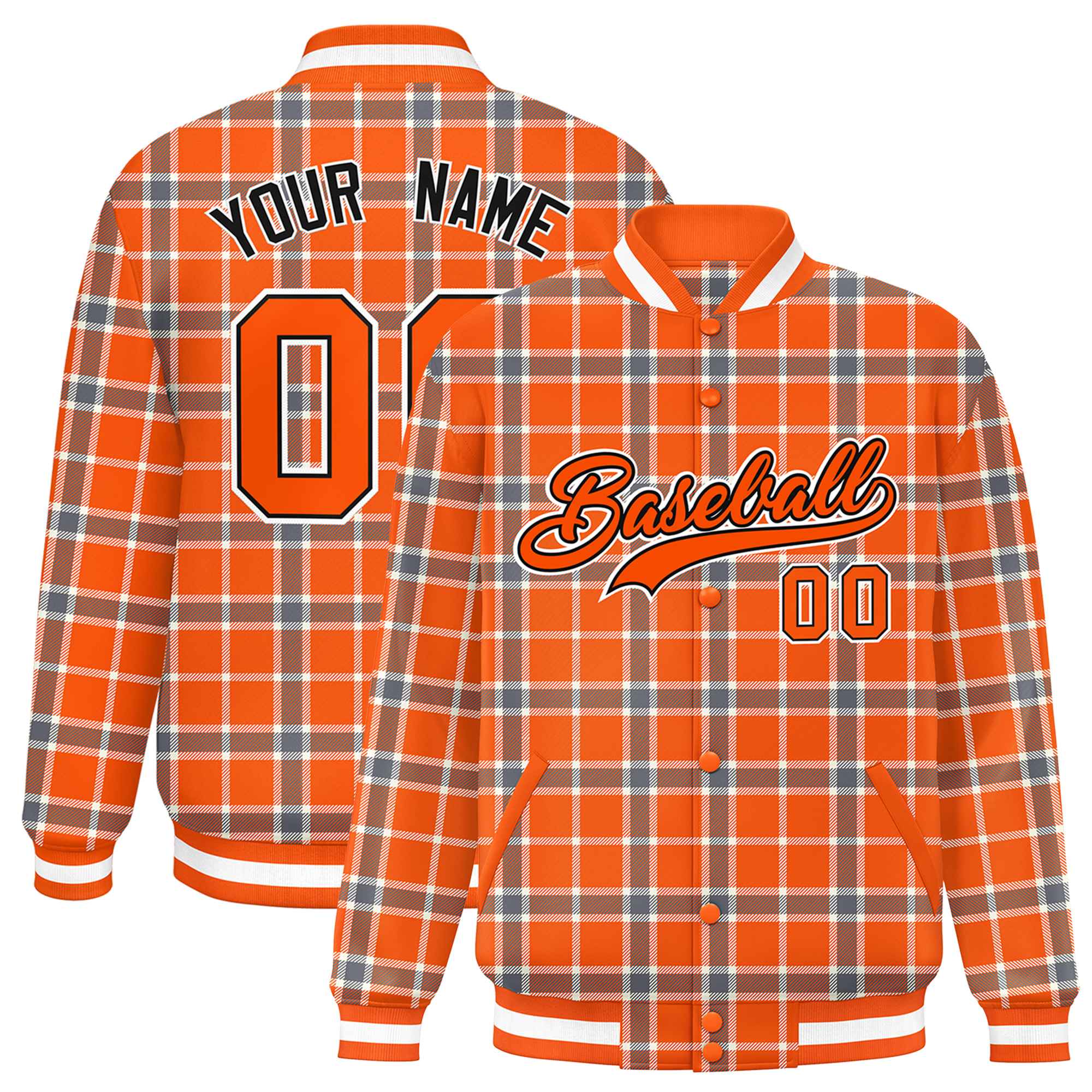 Custom Orange Varsity Full-Snap Plaid Pattern Letterman Baseball Jacket