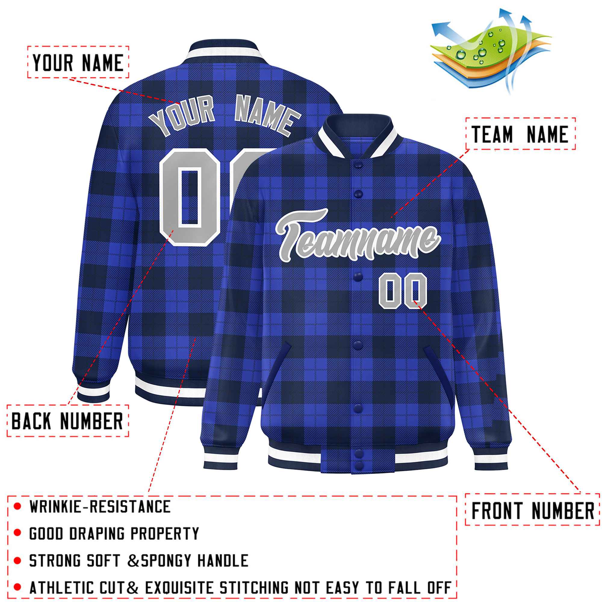 Custom Royal Navy Varsity Full-Snap Plaid Pattern Letterman Baseball Jacket