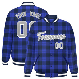 Custom Royal Navy Varsity Full-Snap Plaid Pattern Letterman Baseball Jacket