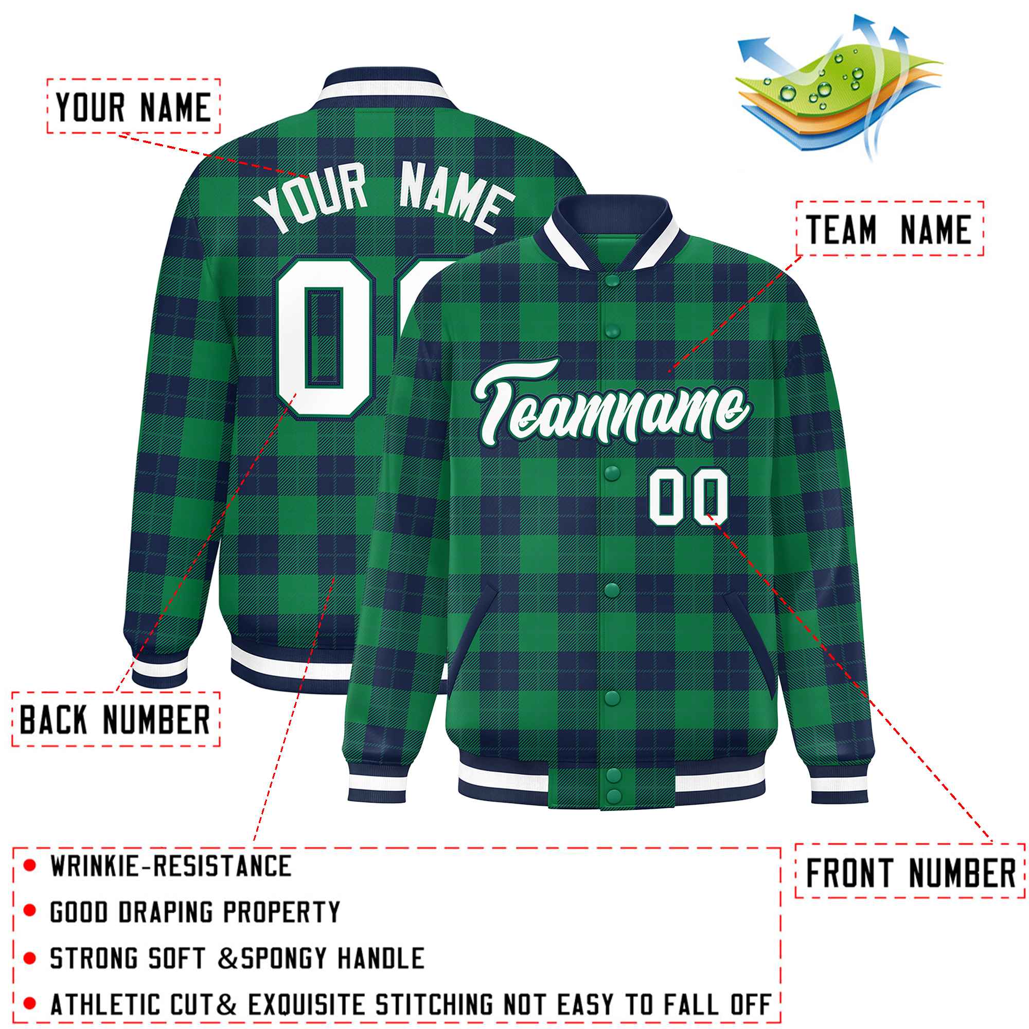 Custom Green Navy Varsity Full-Snap Plaid Pattern Letterman Baseball Jacket