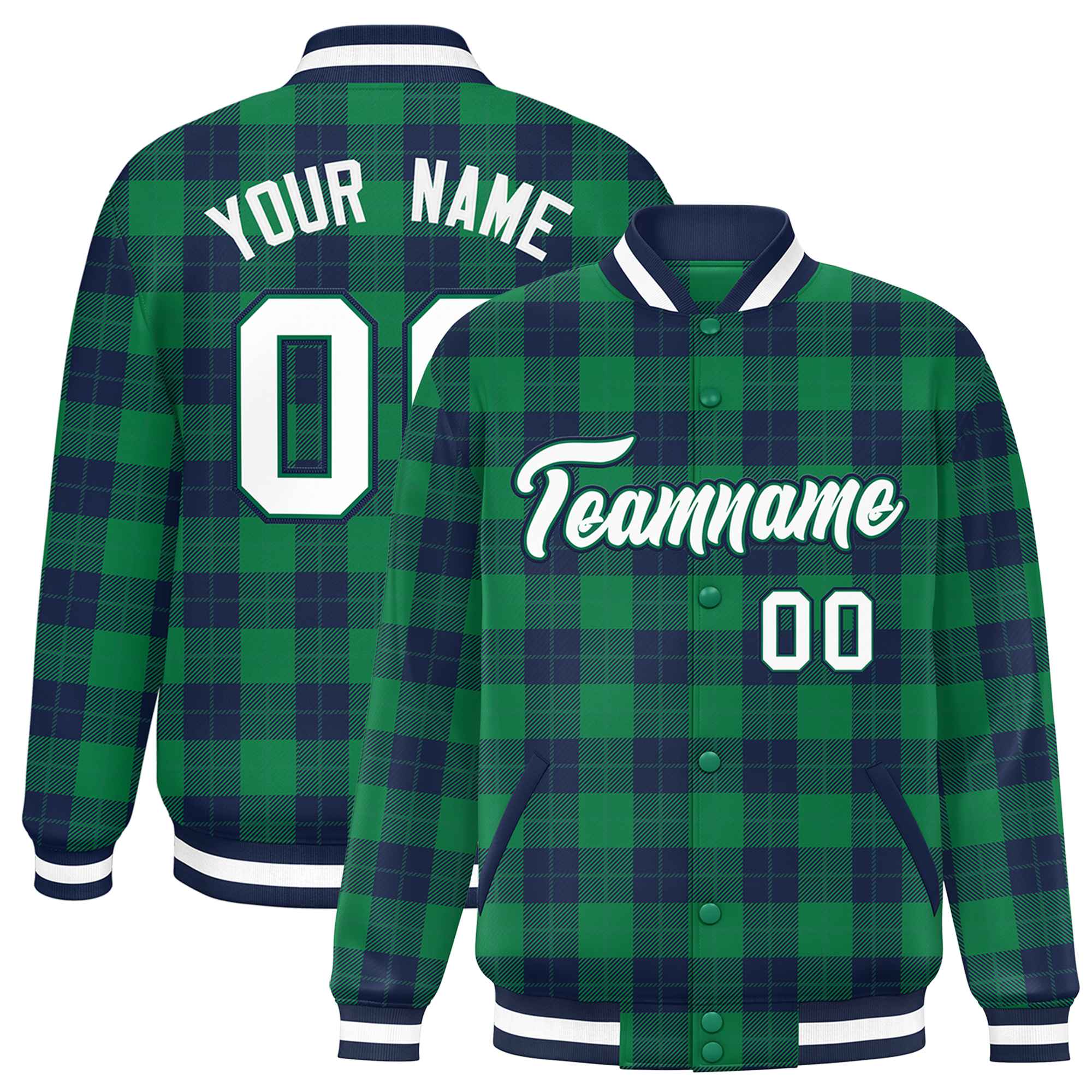 Custom Green Navy Varsity Full-Snap Plaid Pattern Letterman Baseball Jacket