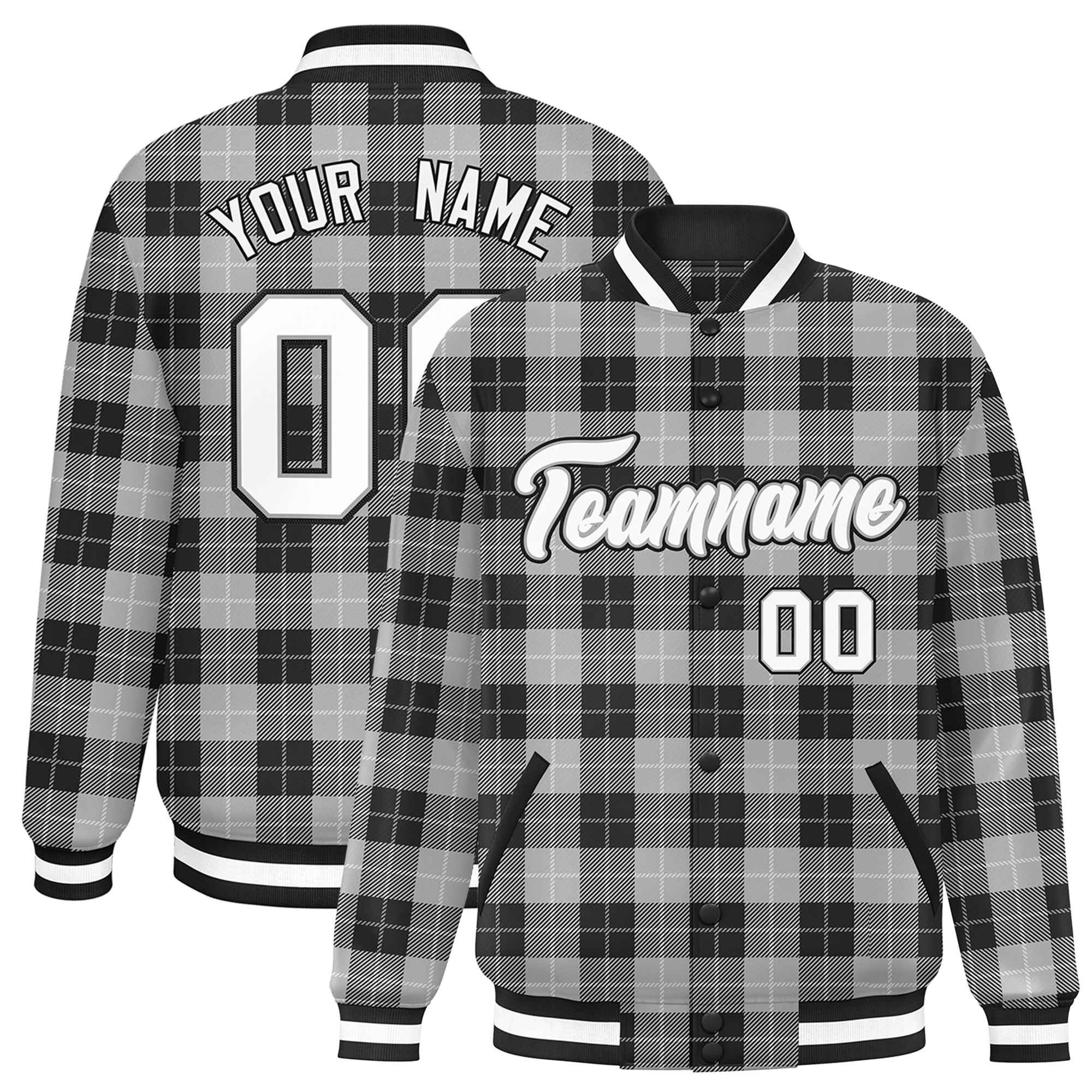 Custom Gray Black Varsity Full-Snap Plaid Pattern Letterman Baseball Jacket