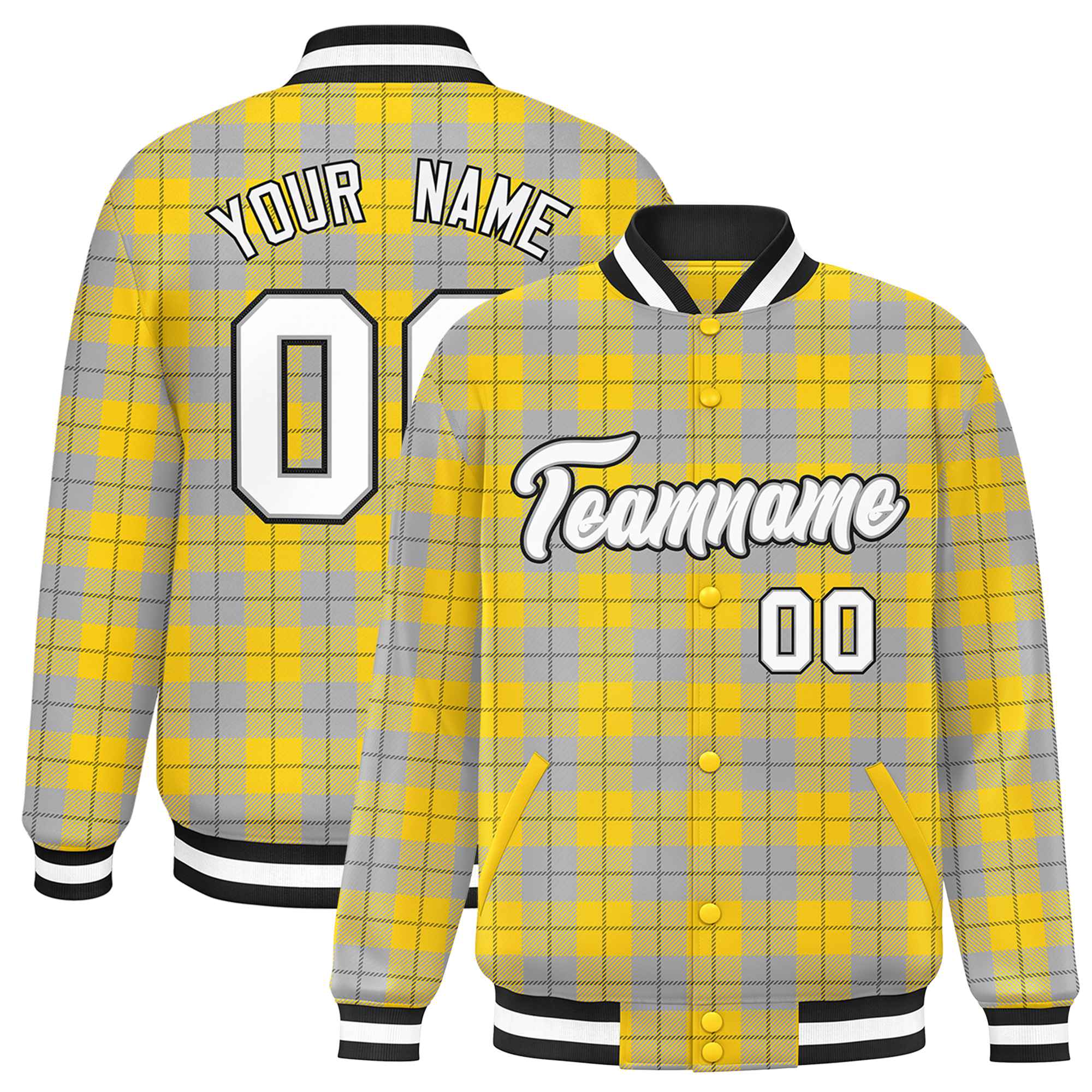 Custom Gold Gray Varsity Full-Snap Plaid Pattern Letterman Baseball Jacket