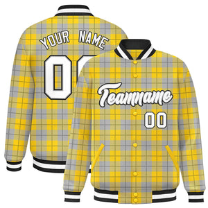 Custom Gold Gray Varsity Full-Snap Plaid Pattern Letterman Baseball Jacket