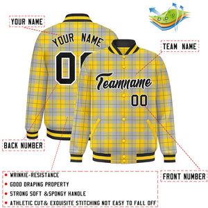 Custom Gold Gray Varsity Full-Snap Plaid Pattern Letterman Baseball Jacket