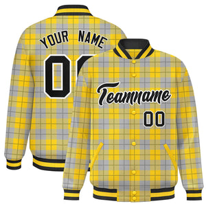 Custom Gold Gray Varsity Full-Snap Plaid Pattern Letterman Baseball Jacket