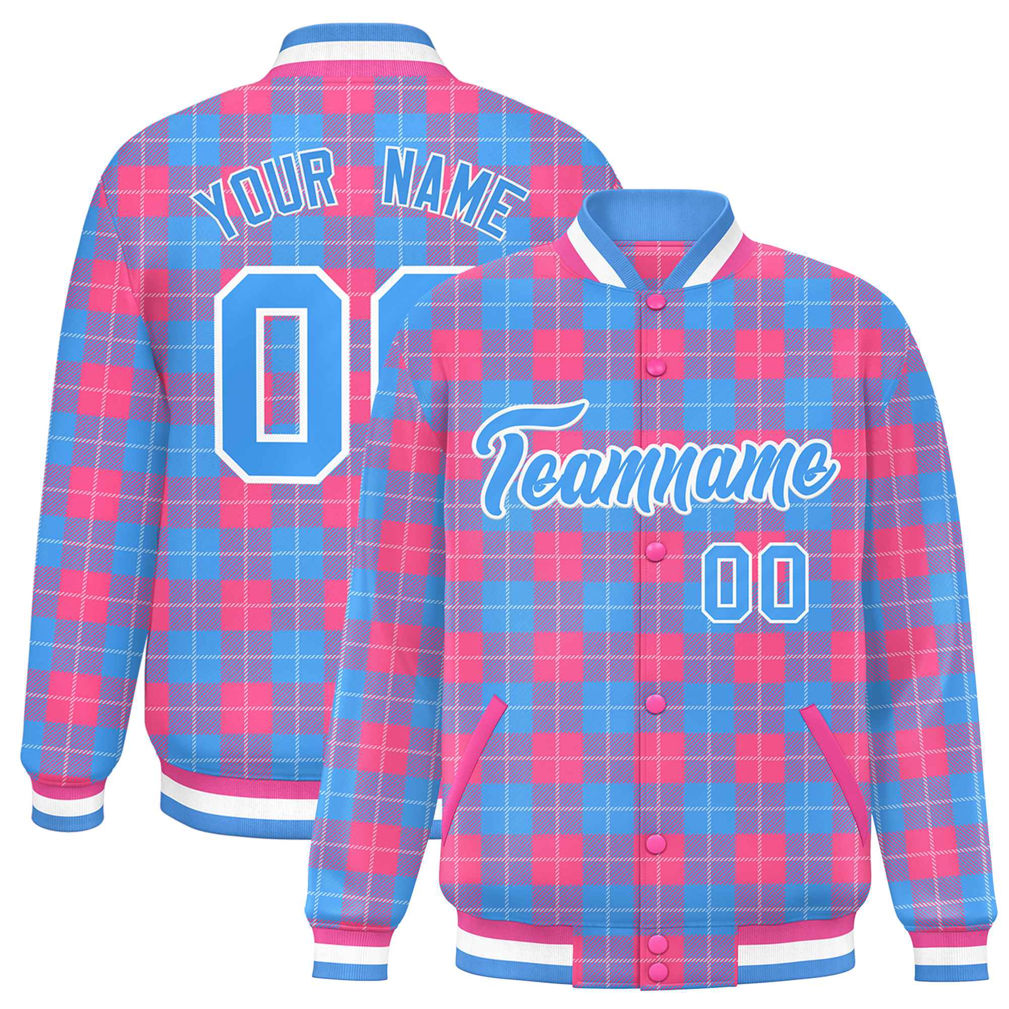 Custom Powder Blue Pink Varsity Full-Snap Plaid Pattern Letterman Baseball Jacket