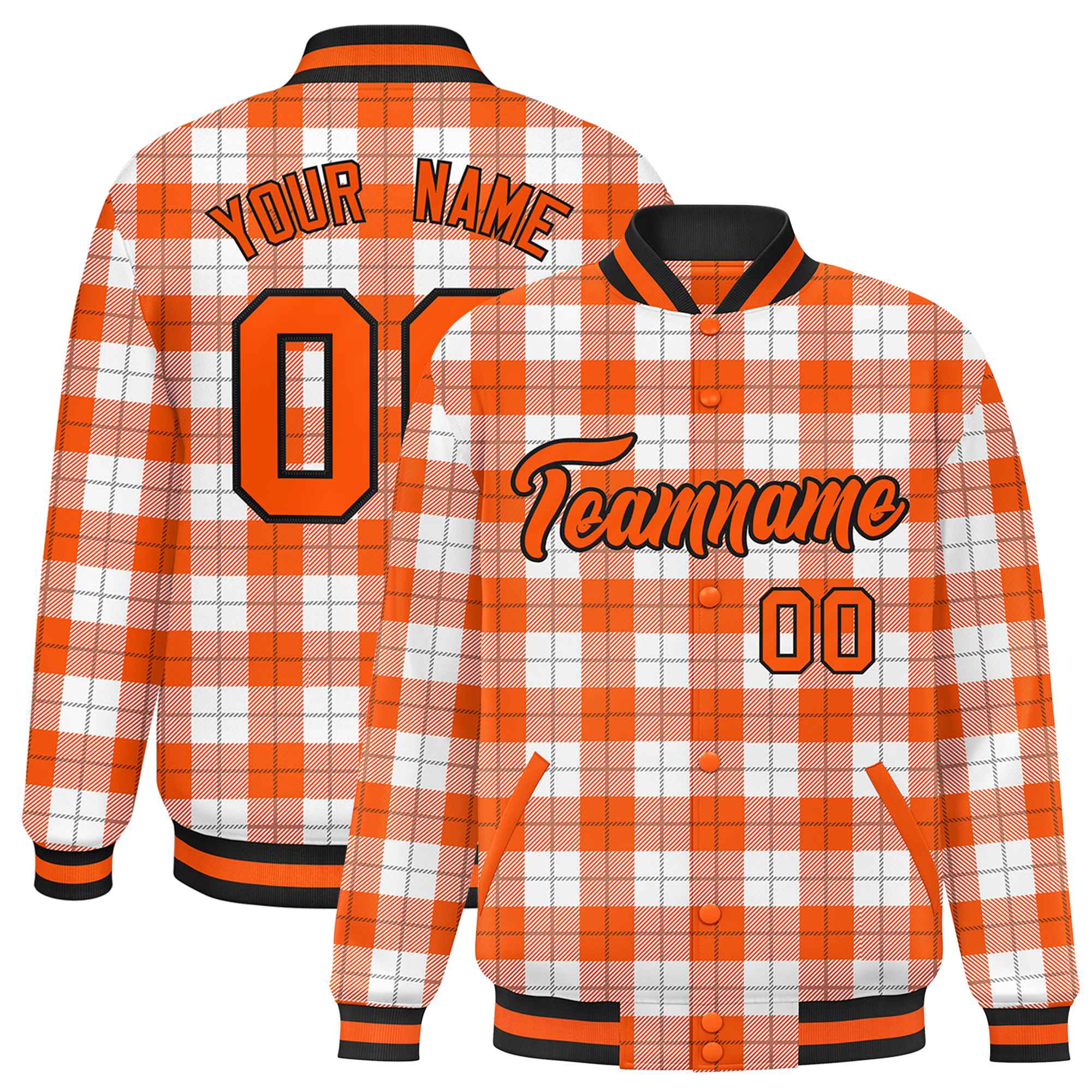 Custom Orange White Varsity Full-Snap Plaid Pattern Letterman Baseball Jacket