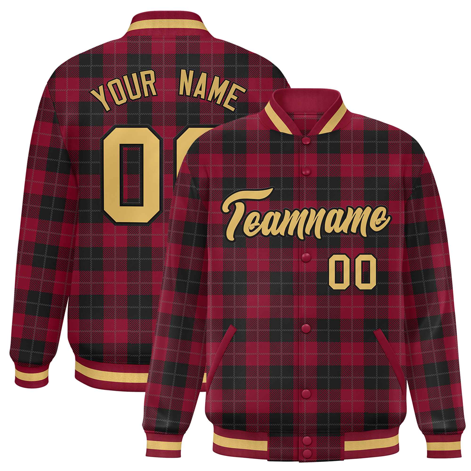 Custom Red Black Varsity Full-Snap Plaid Pattern Letterman Baseball Jacket