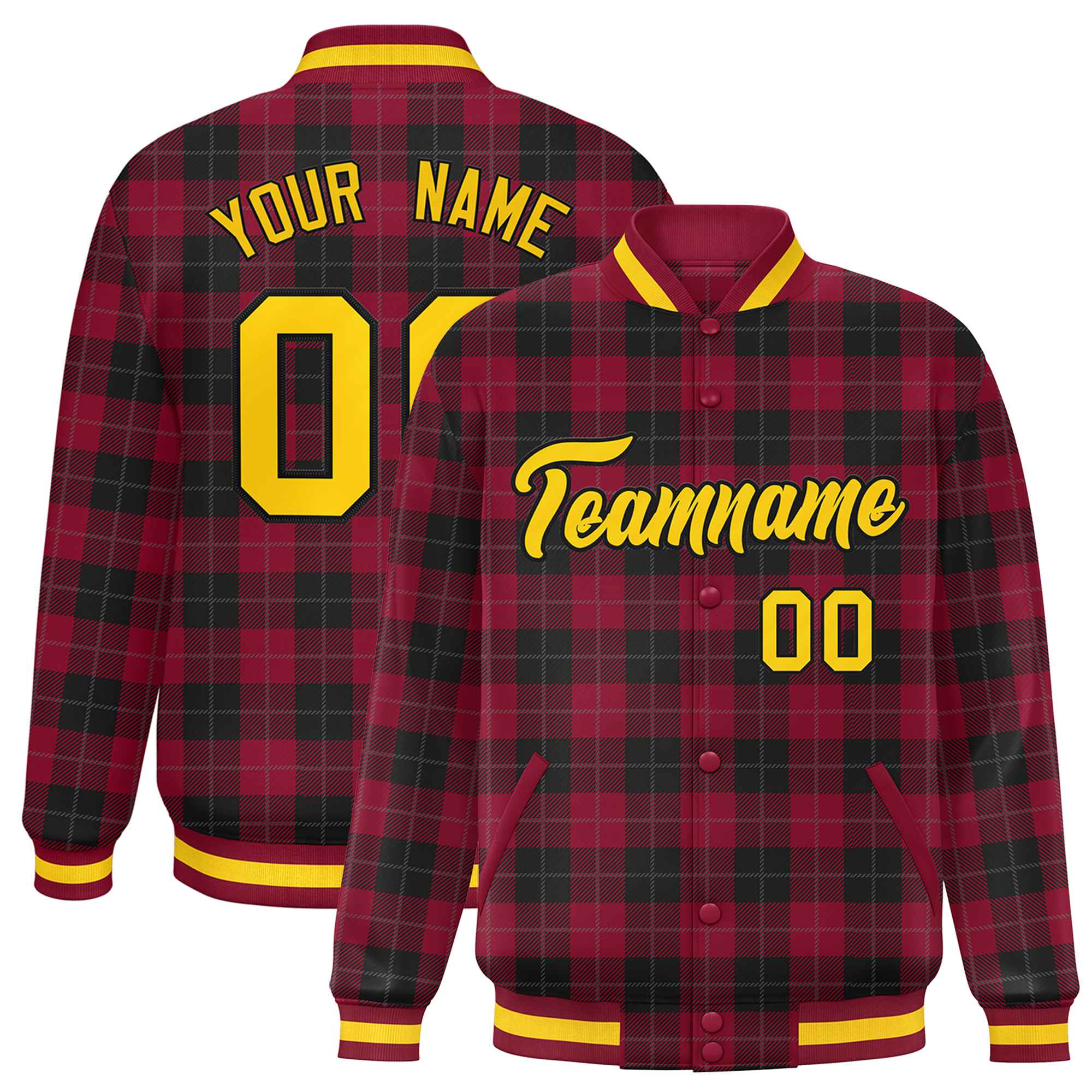 Custom Red Black Varsity Full-Snap Plaid Pattern Letterman Baseball Jacket