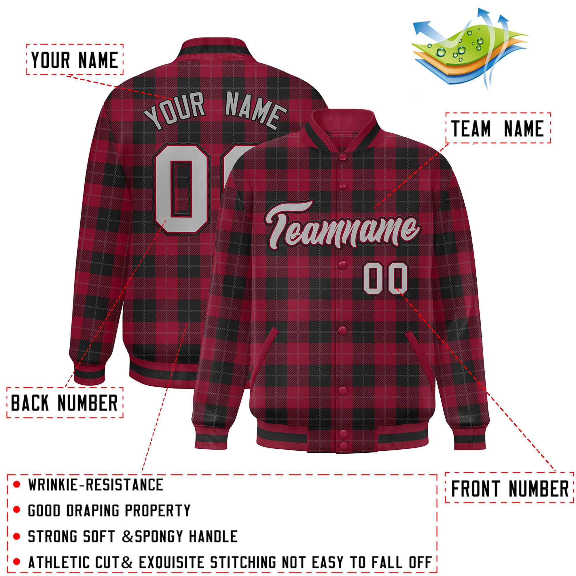 Custom Red Black Varsity Full-Snap Plaid Pattern Letterman Baseball Jacket