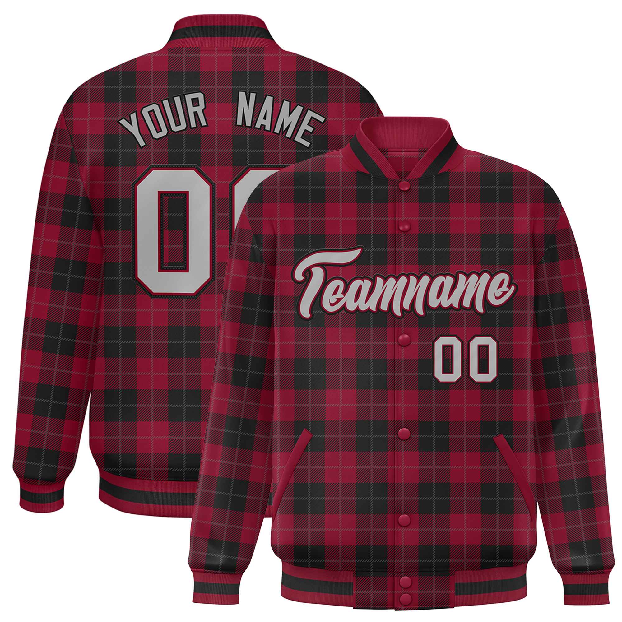 Custom Red Black Varsity Full-Snap Plaid Pattern Letterman Baseball Jacket