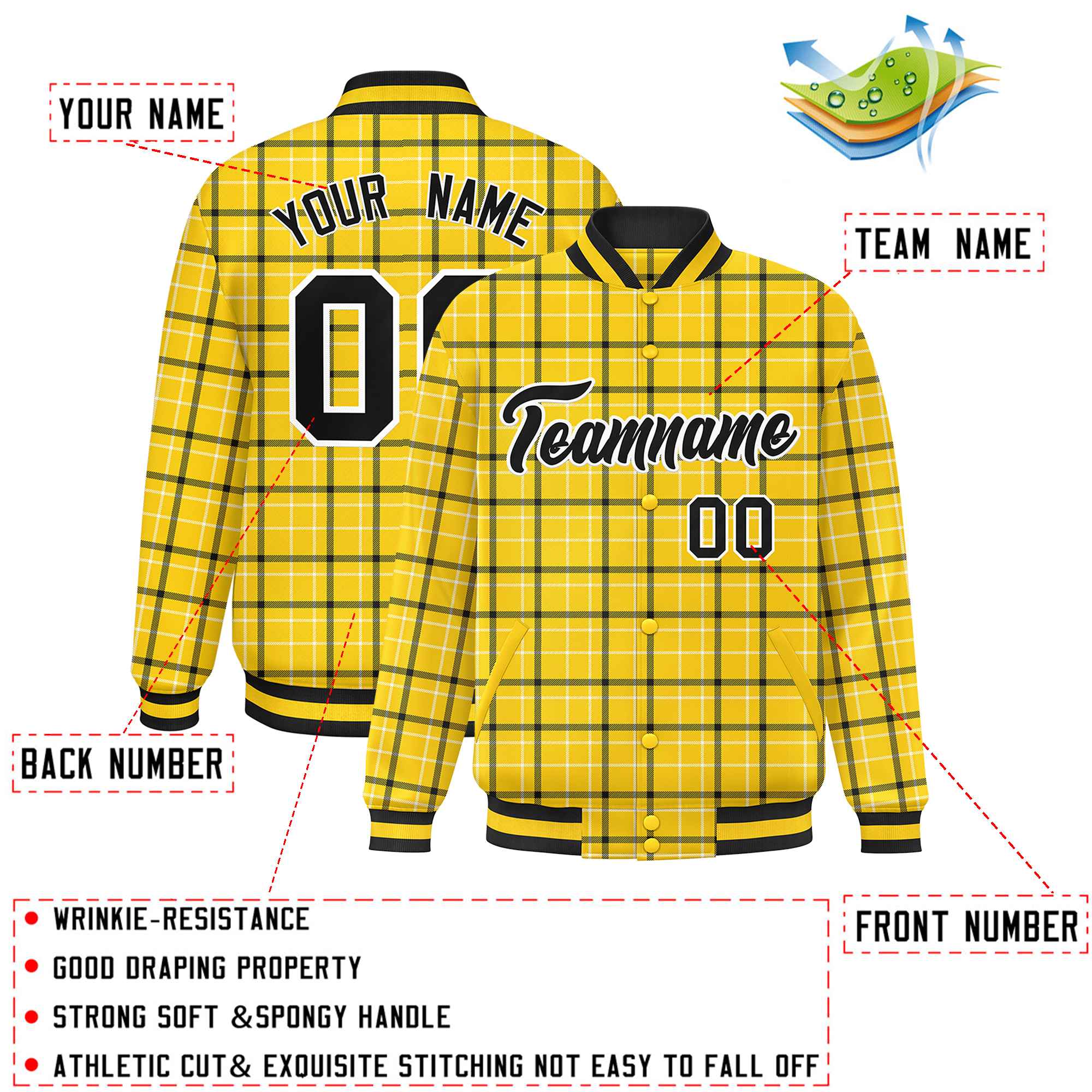 Custom Yellow Varsity Full-Snap Plaid Pattern Letterman Baseball Jacket