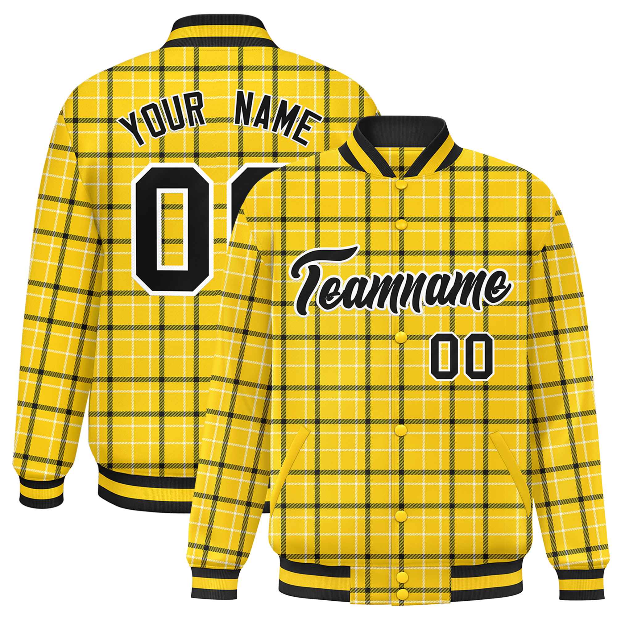 Custom Yellow Varsity Full-Snap Plaid Pattern Letterman Baseball Jacket