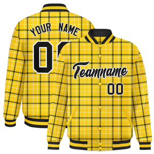 Custom Yellow Varsity Full-Snap Plaid Pattern Letterman Baseball Jacket