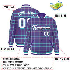 Custom Purple Varsity Full-Snap Plaid Pattern Letterman Baseball Jacket