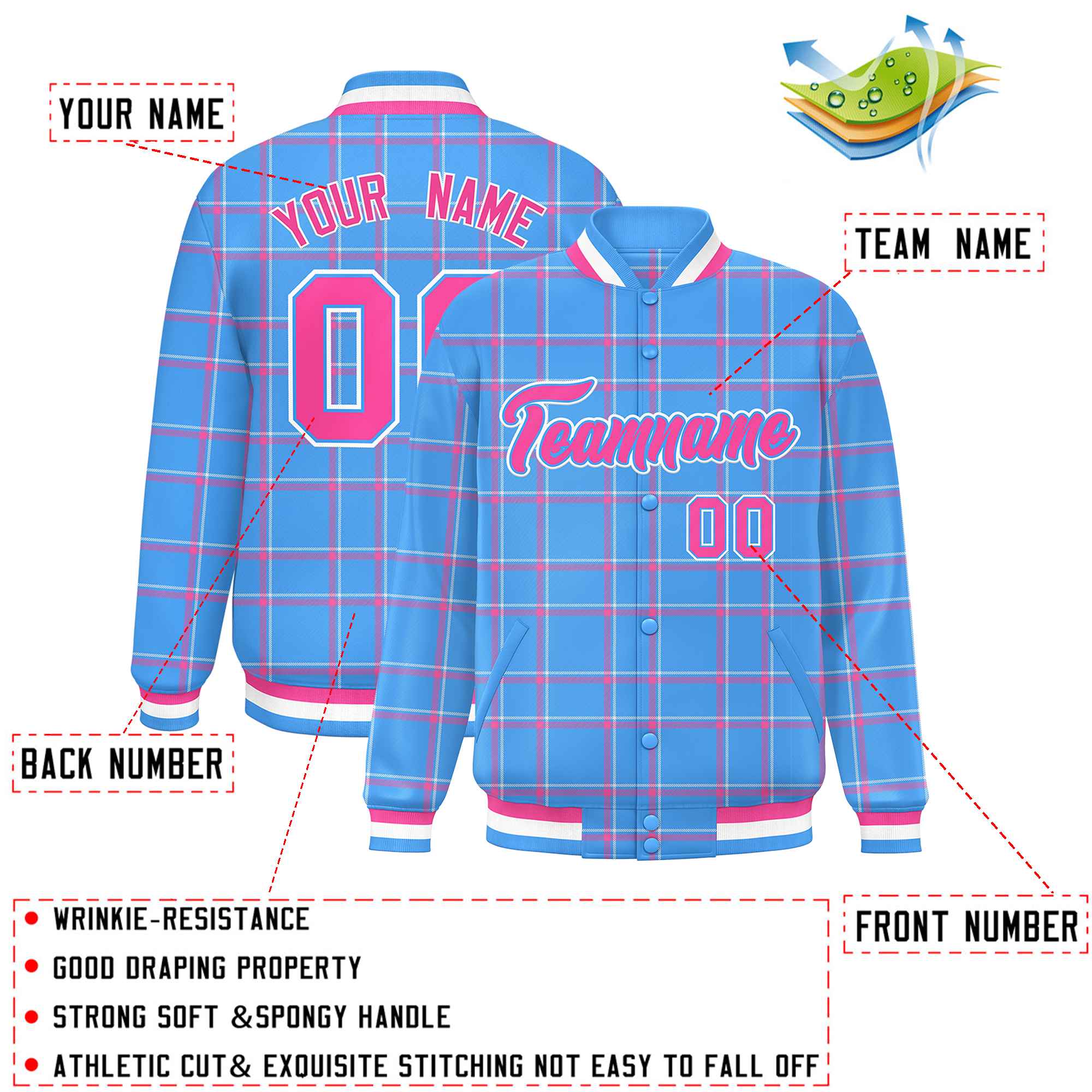 Custom Powder Blue Varsity Full-Snap Plaid Pattern Letterman Baseball Jacket