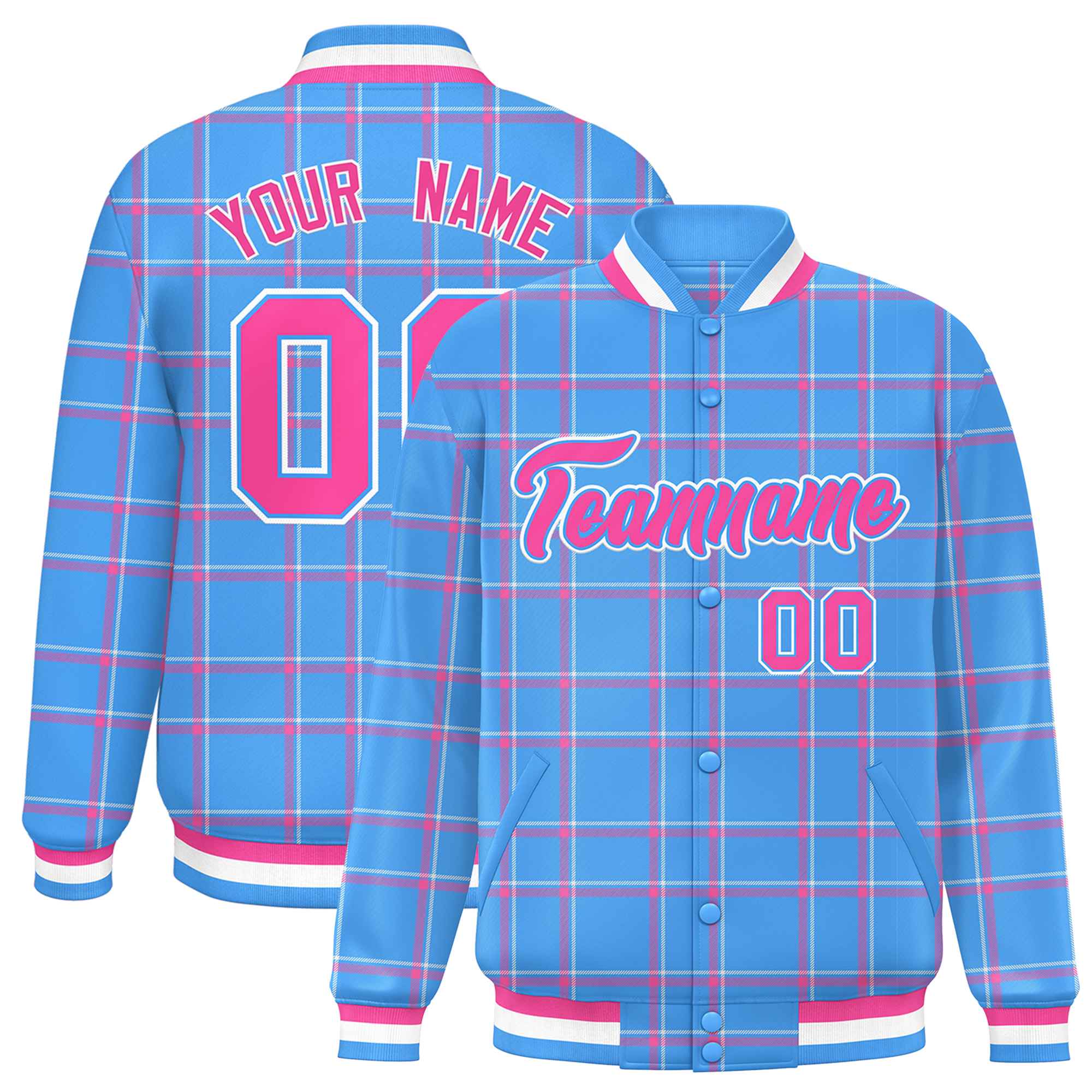 Custom Powder Blue Varsity Full-Snap Plaid Pattern Letterman Baseball Jacket