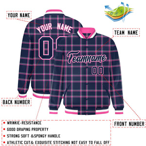 Custom Navy Varsity Full-Snap Plaid Pattern Letterman Baseball Jacket