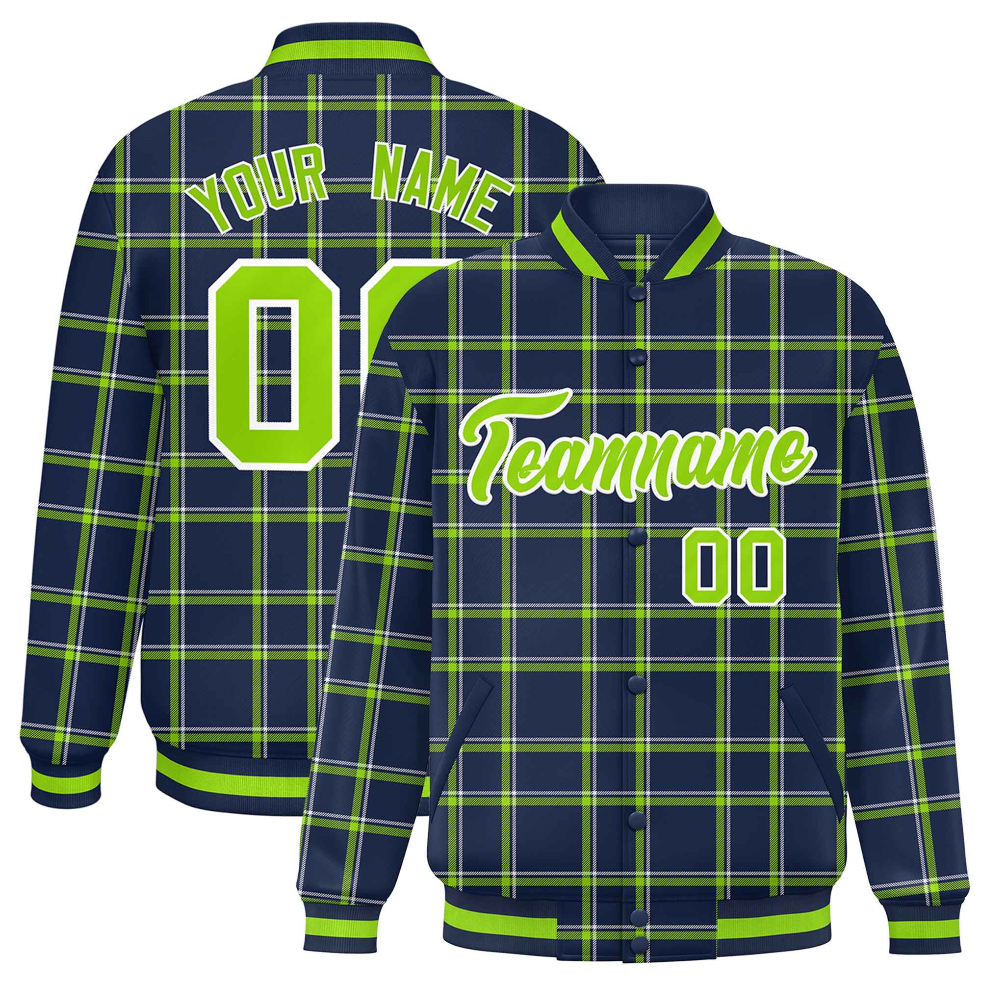 Custom Navy Varsity Full-Snap Plaid Pattern Letterman Baseball Jacket