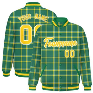 Custom Kelly Green Varsity Full-Snap Plaid Pattern Letterman Baseball Jacket