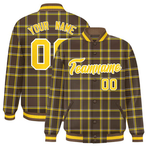 Custom Brown Varsity Full-Snap Plaid Pattern Letterman Baseball Jacket