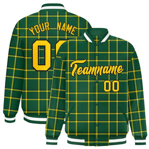 Custom Green Varsity Full-Snap Plaid Pattern Letterman Baseball Jacket