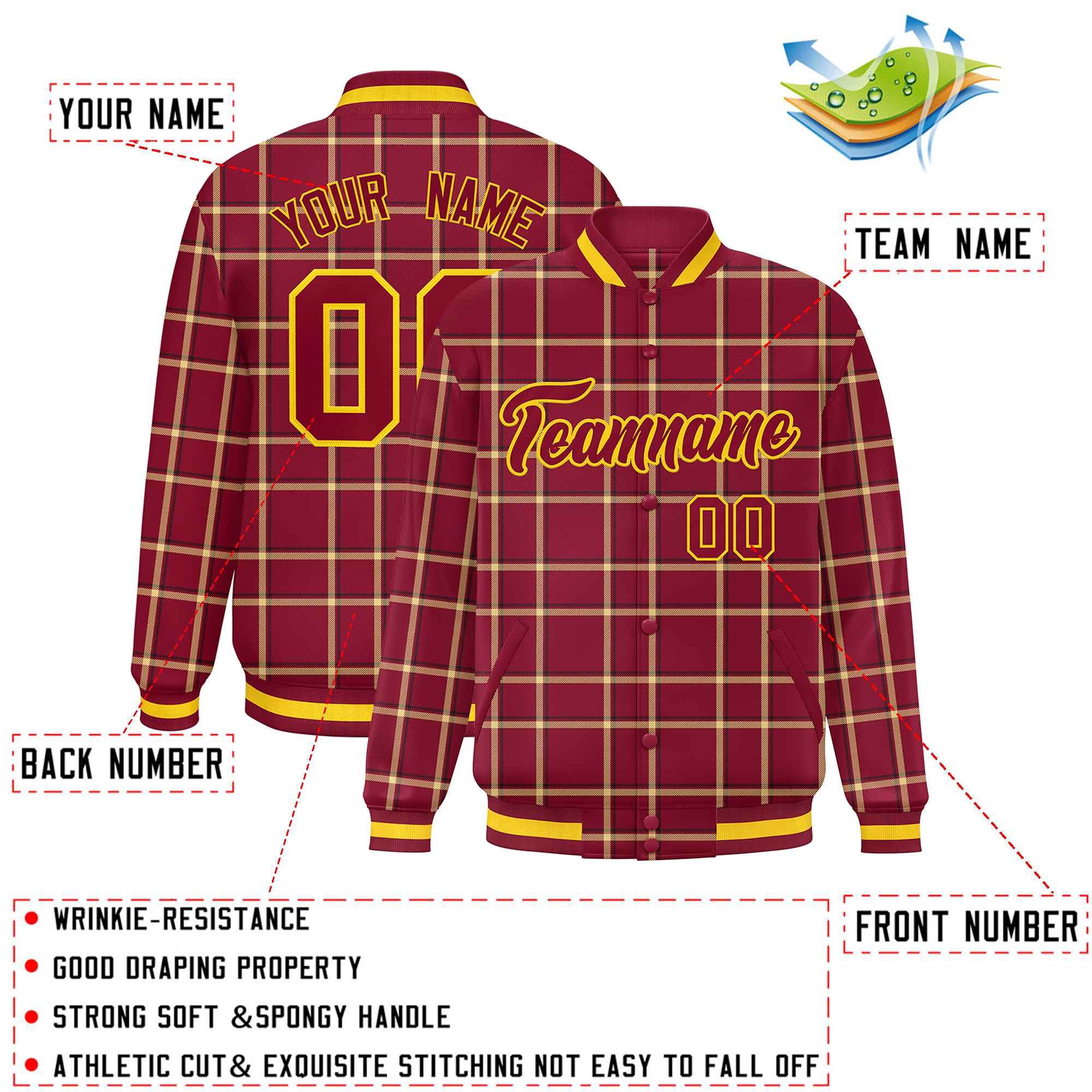 Custom Crimson Varsity Full-Snap Plaid Pattern Letterman Baseball Jacket