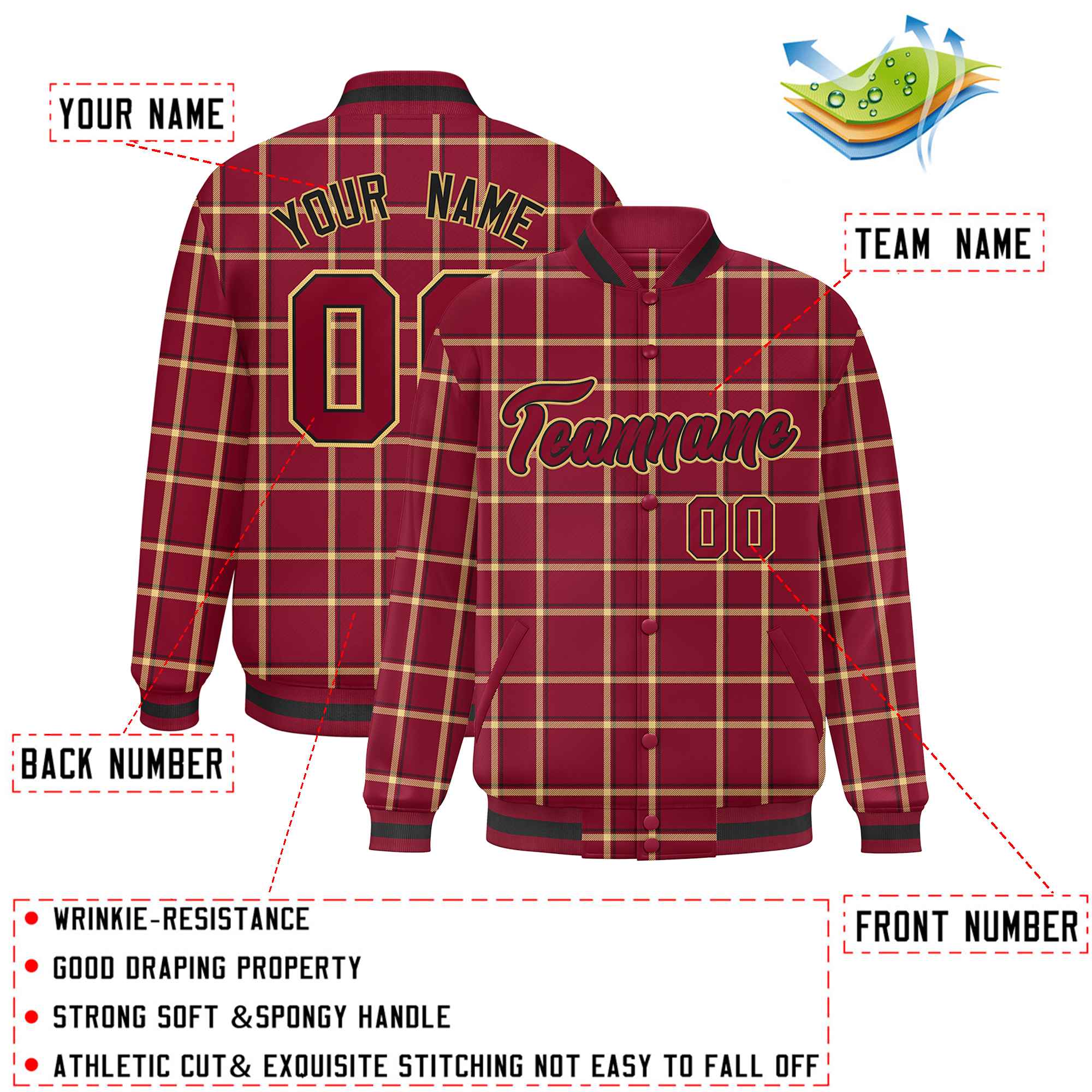 Custom Crimson Varsity Full-Snap Plaid Pattern Letterman Baseball Jacket