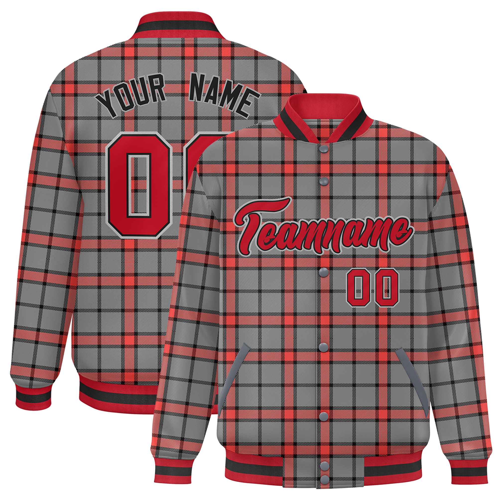 Custom Gray Varsity Full-Snap Plaid Pattern Letterman Baseball Jacket