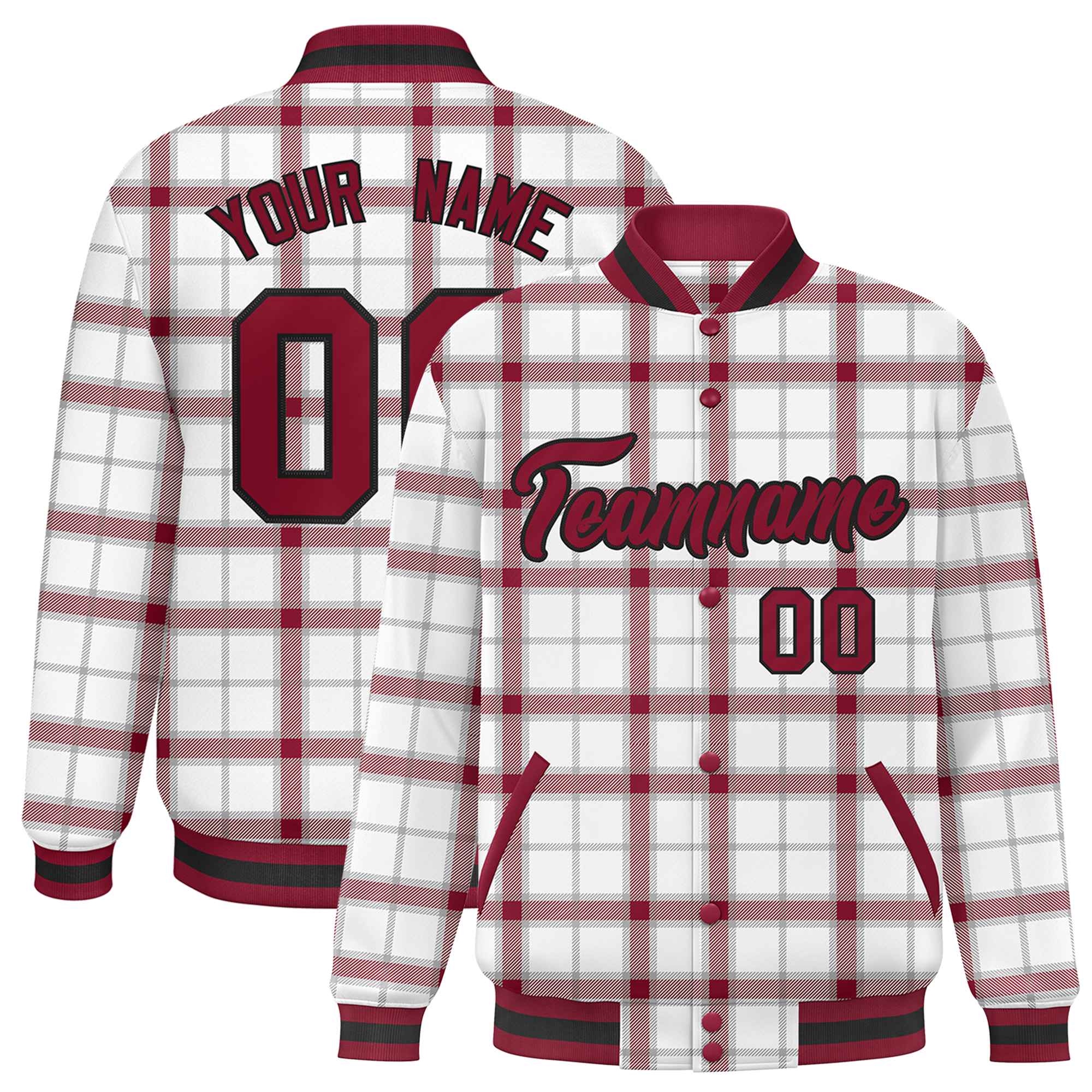 Custom White Varsity Full-Snap Plaid Pattern Letterman Baseball Jacket