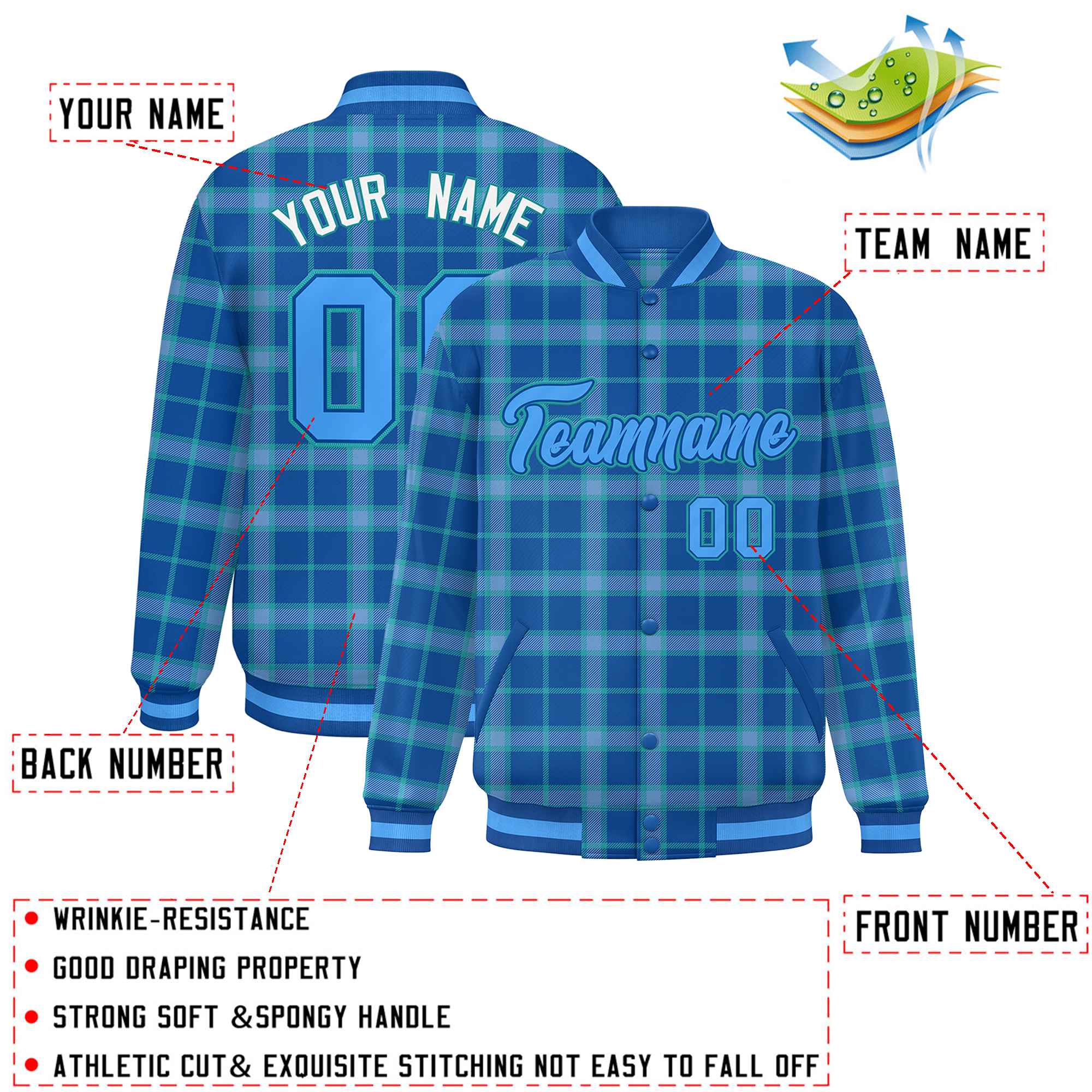 Custom Blue Varsity Full-Snap Plaid Pattern Letterman Baseball Jacket