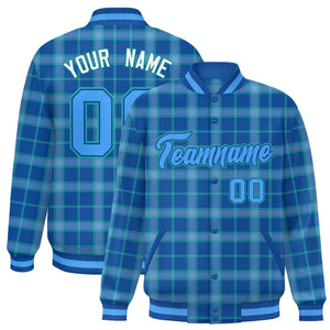 Custom Blue Varsity Full-Snap Plaid Pattern Letterman Baseball Jacket