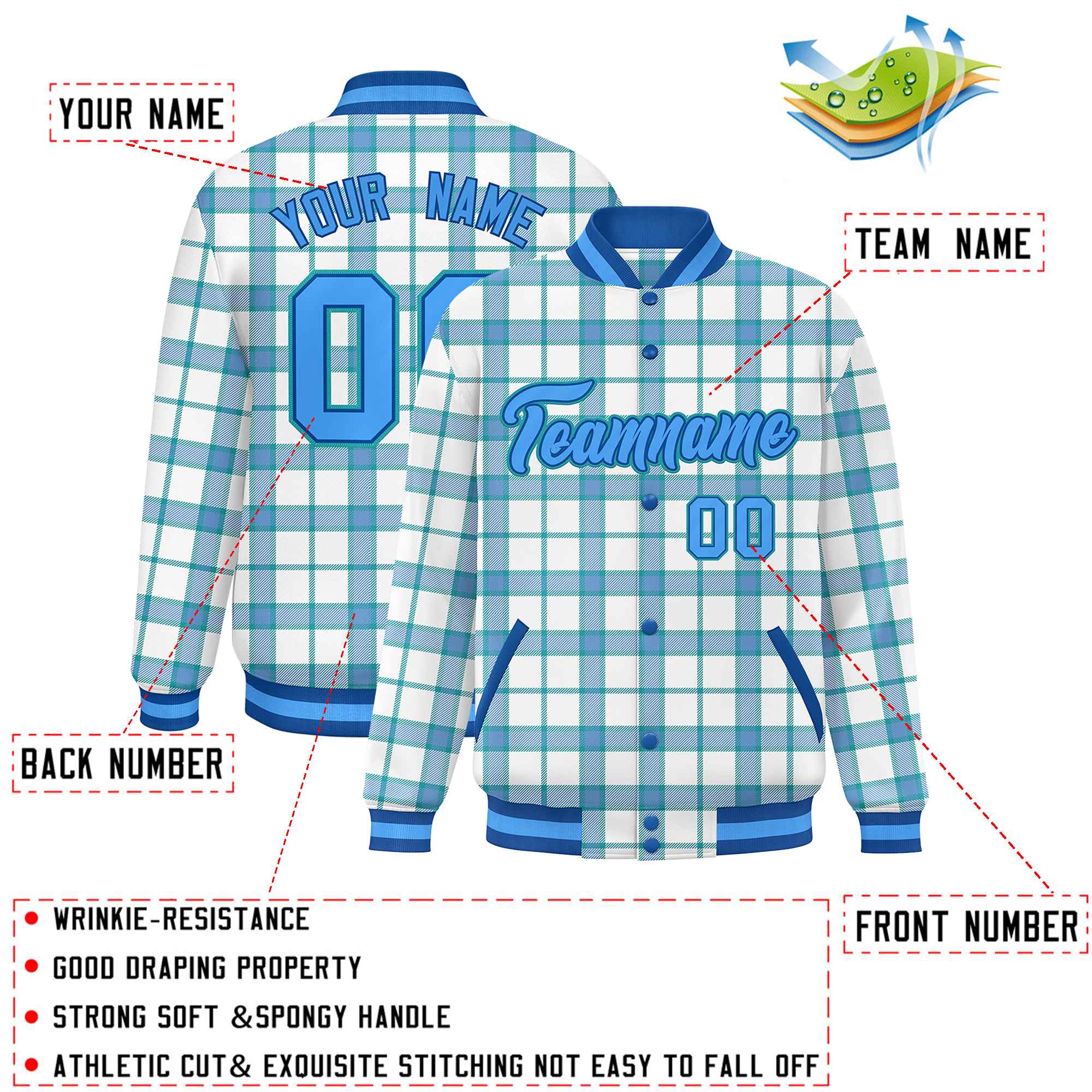 Custom White Aqua Varsity Full-Snap Plaid Pattern Letterman Baseball Jacket