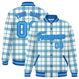 Custom White Aqua Varsity Full-Snap Plaid Pattern Letterman Baseball Jacket