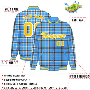 Custom Powder Blue Varsity Full-Snap Plaid Pattern Letterman Baseball Jacket