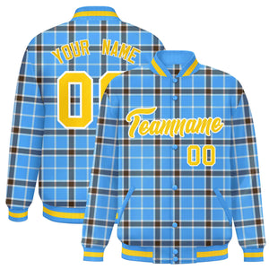 Custom Powder Blue Varsity Full-Snap Plaid Pattern Letterman Baseball Jacket