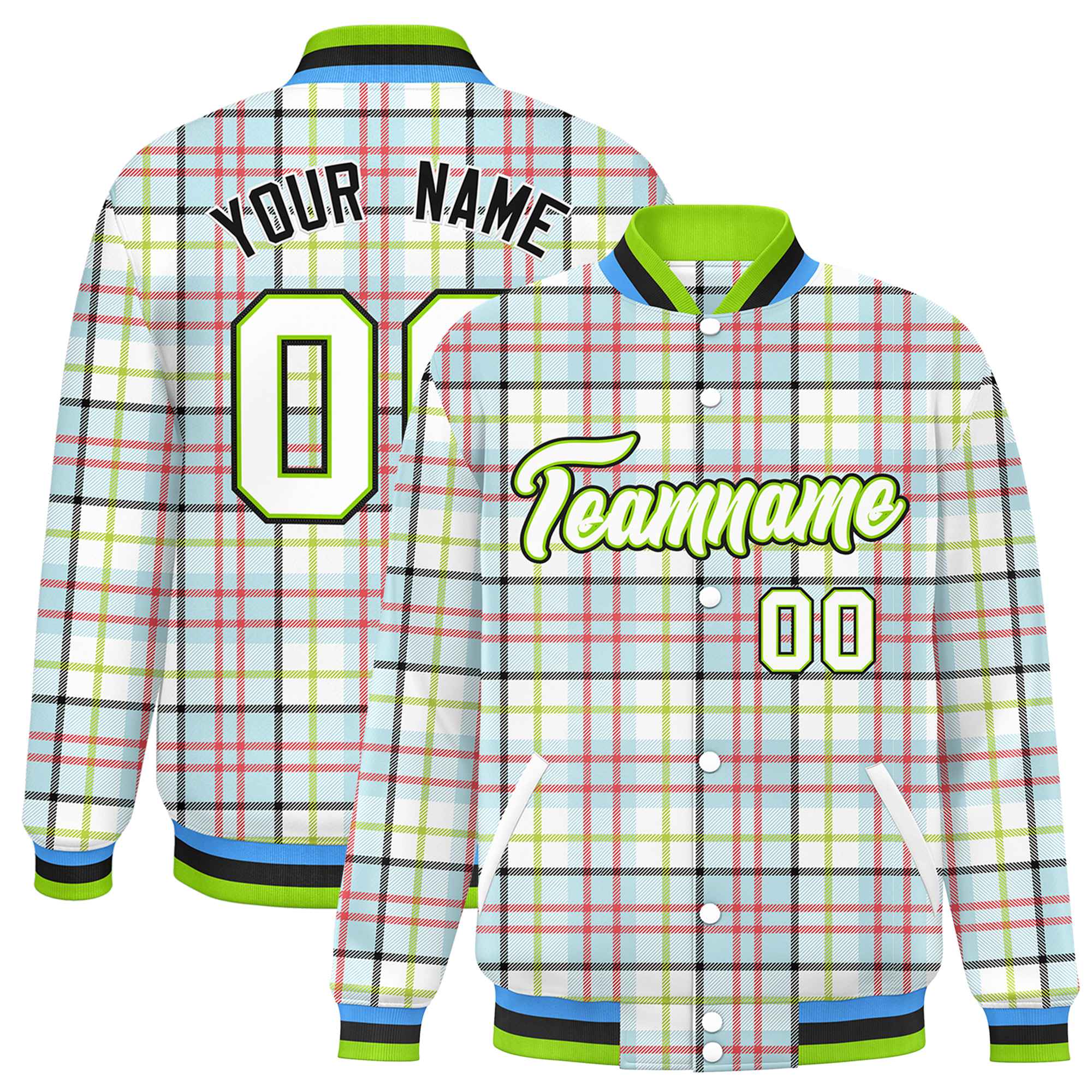 Custom Multi Color Varsity Full-Snap Plaid Pattern Letterman Baseball Jacket