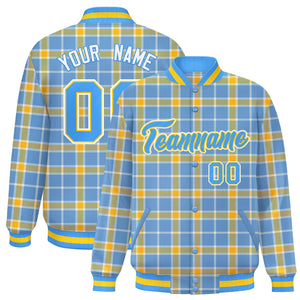 Custom Light Blue Yellow Varsity Full-Snap Plaid Pattern Letterman Baseball Jacket