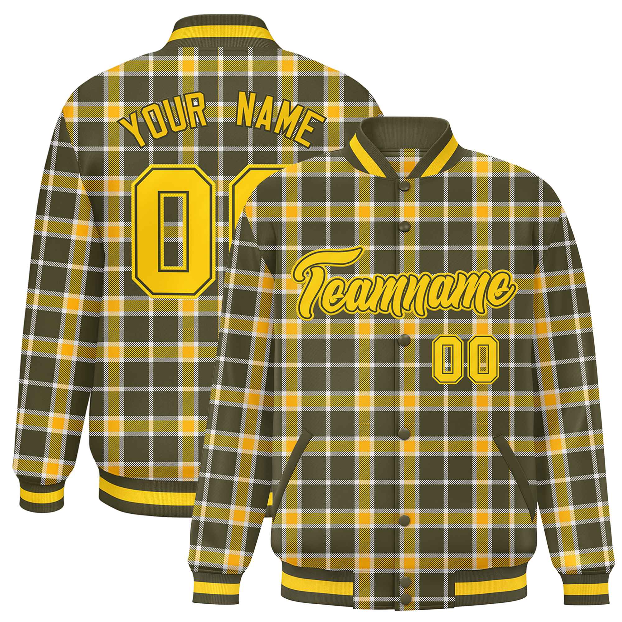 Custom Yellow Olive Varsity Full-Snap Plaid Pattern Letterman Baseball Jacket