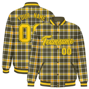 Custom Yellow Olive Varsity Full-Snap Plaid Pattern Letterman Baseball Jacket