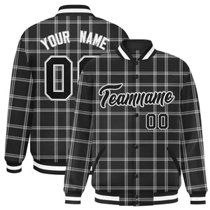 Custom Black Gray Varsity Full-Snap Plaid Pattern Letterman Baseball Jacket